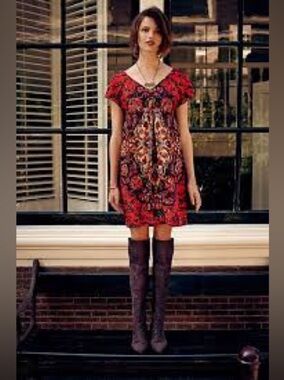 ANTHROPOLOGIE Maeve Red Floral Medallion Mini Dress V-Neck Relaxed Fit XS S Boho